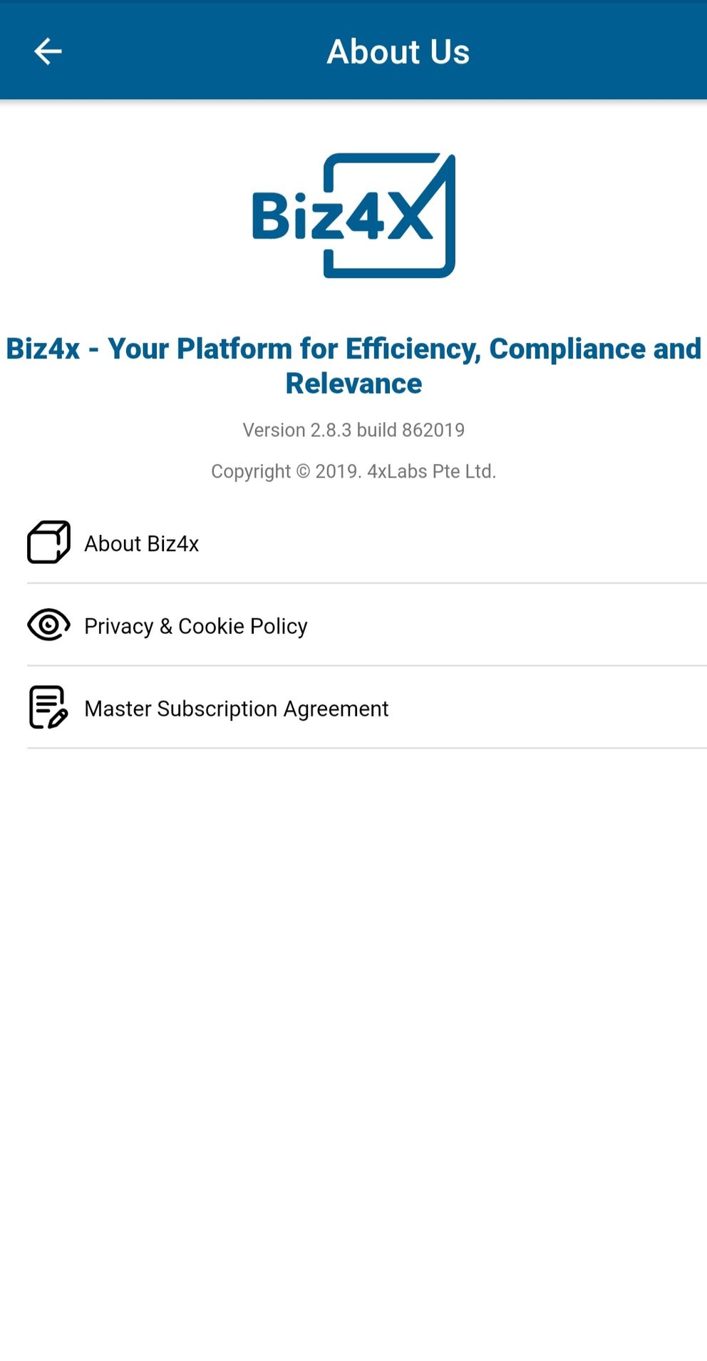 About Us page on Biz4x mobile app