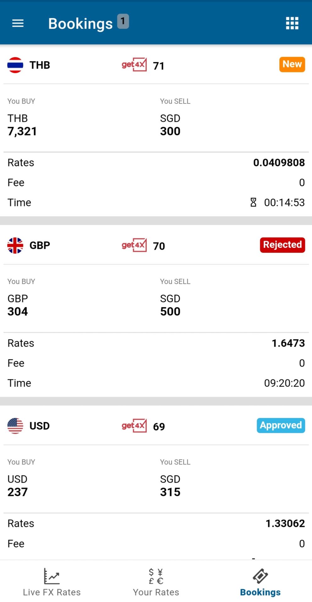 Bookings screen on Biz4x mobile app