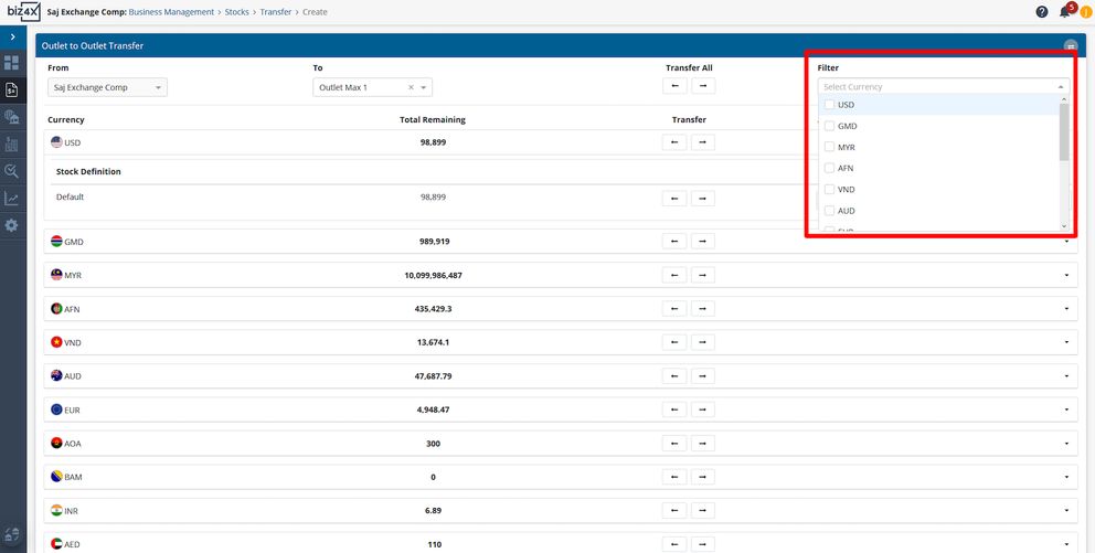 Currency filter on Outlet-to-outlet Stock Transfer screen