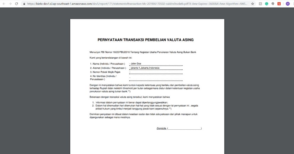 Customer declaration form in PDF format
