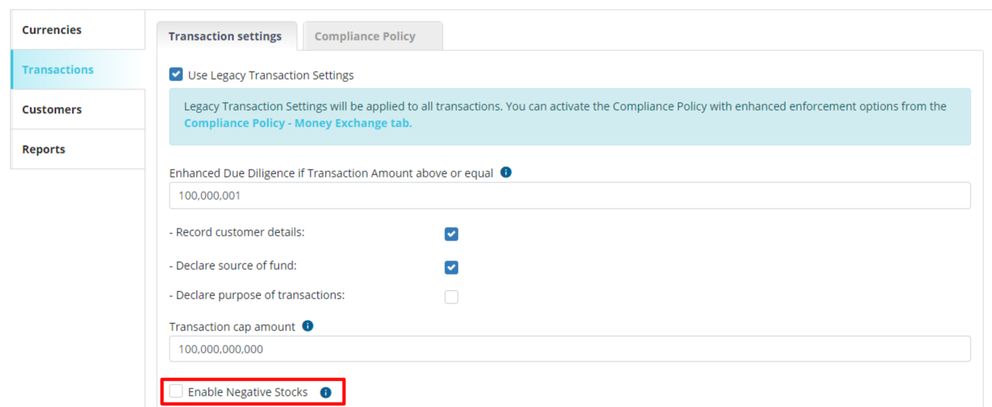 Enable negative stocks checkbox on Transaction Settings screen