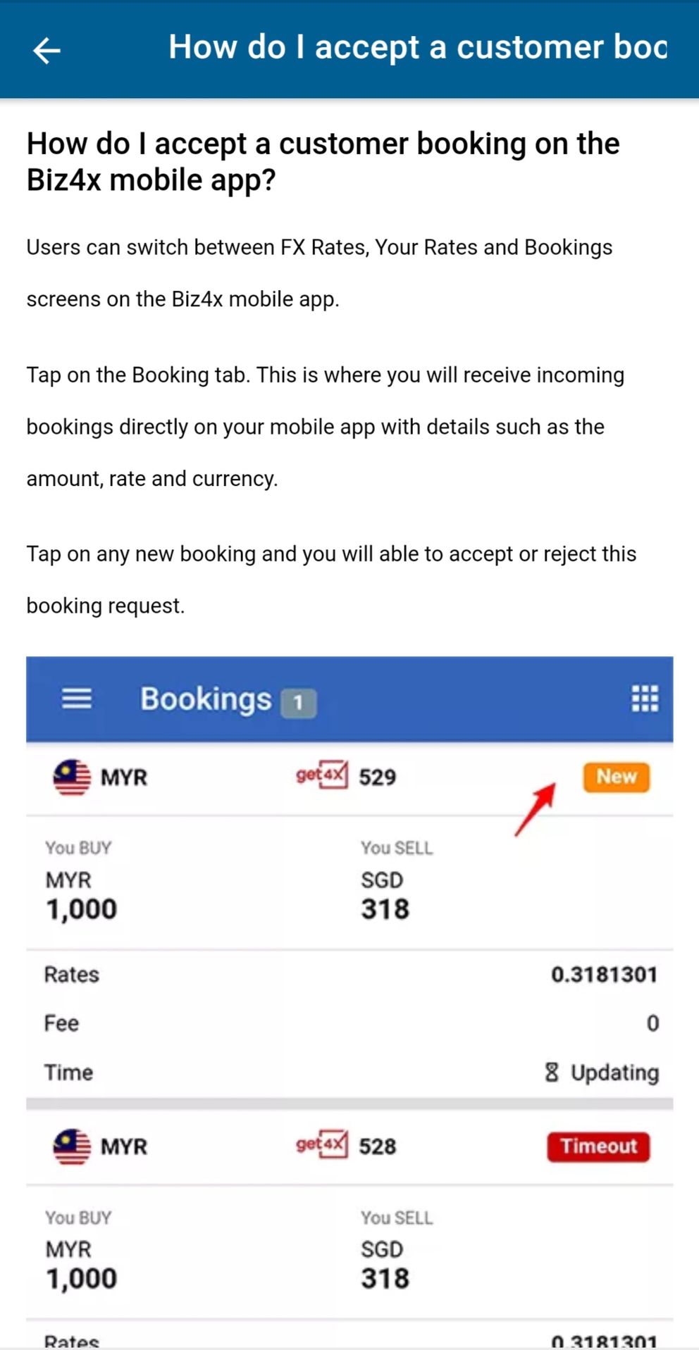 Live FX Rates screen on Biz4x Mobile App