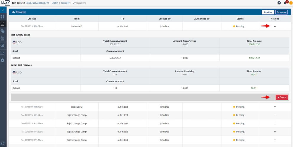 List of pending transfers on My Transfer screen