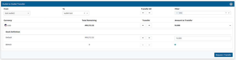 Outlet-to-outlet Stock Transfer screen