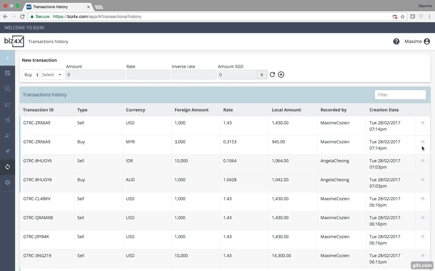 Print a transaction by clicking on the printing icon