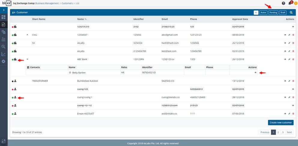 Customer record status and filters on the customer list