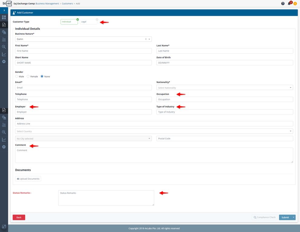 Individual customer form with expanded comments section and a new status remarks section