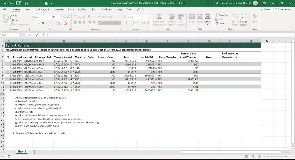 Sangat Rahasia PPATK report in Excel format