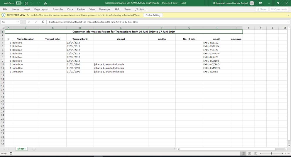 Customer information report Si Pesat in Excel format