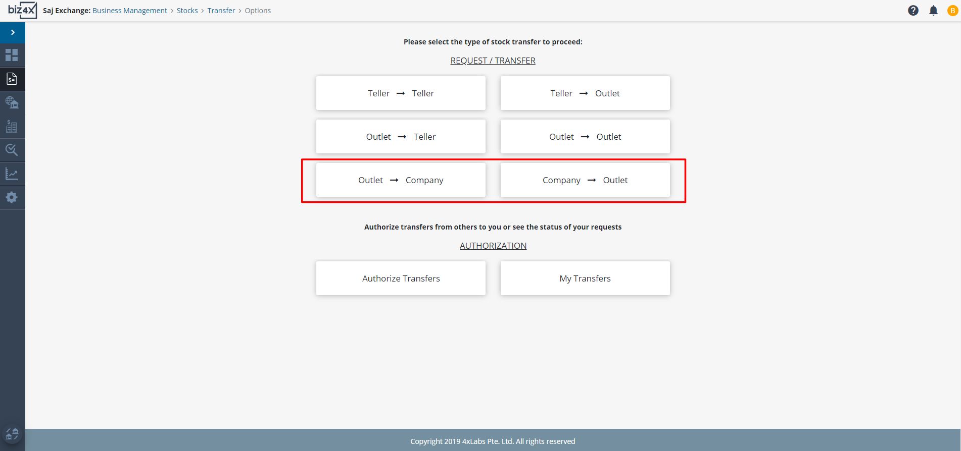 Transfer stock from an Outlet to a Company or from a Company to an Outlet