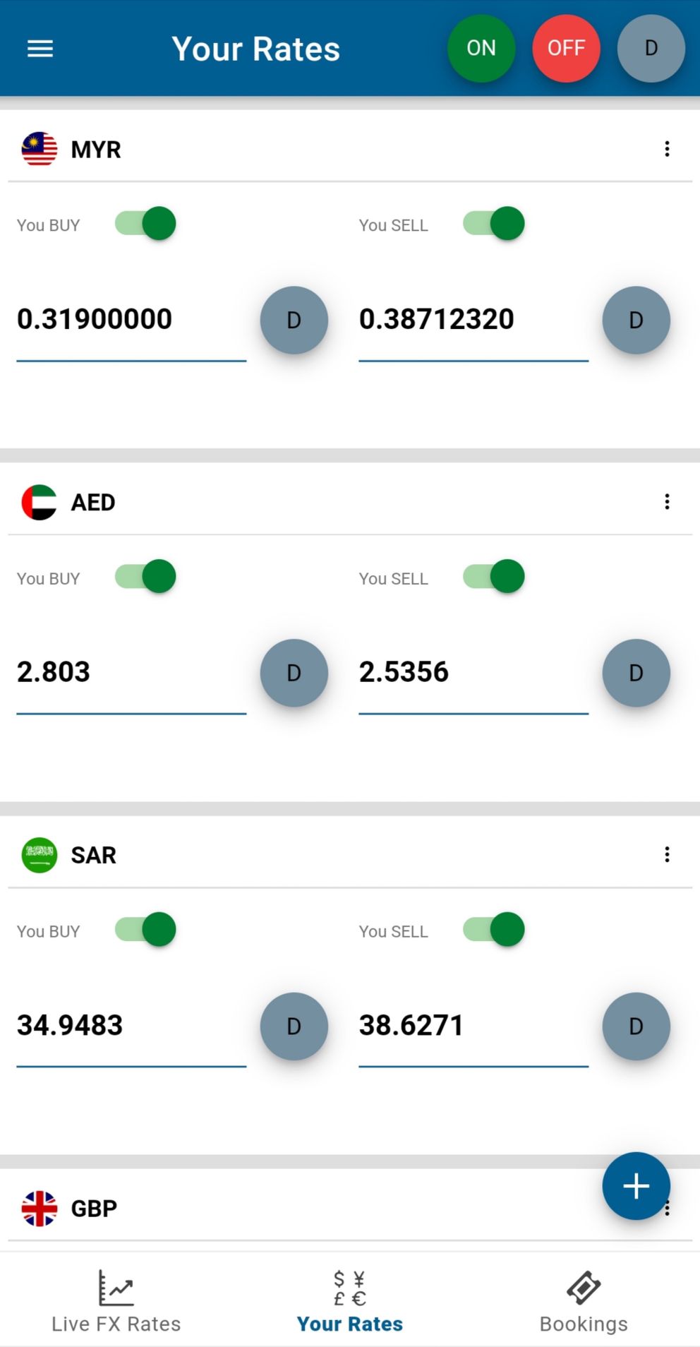 Your Rates screen on Biz4x mobile app