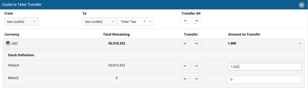 Outlet-to-Teller Transfer Screen
