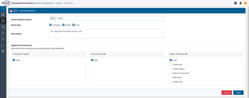 Stock definition detail screen